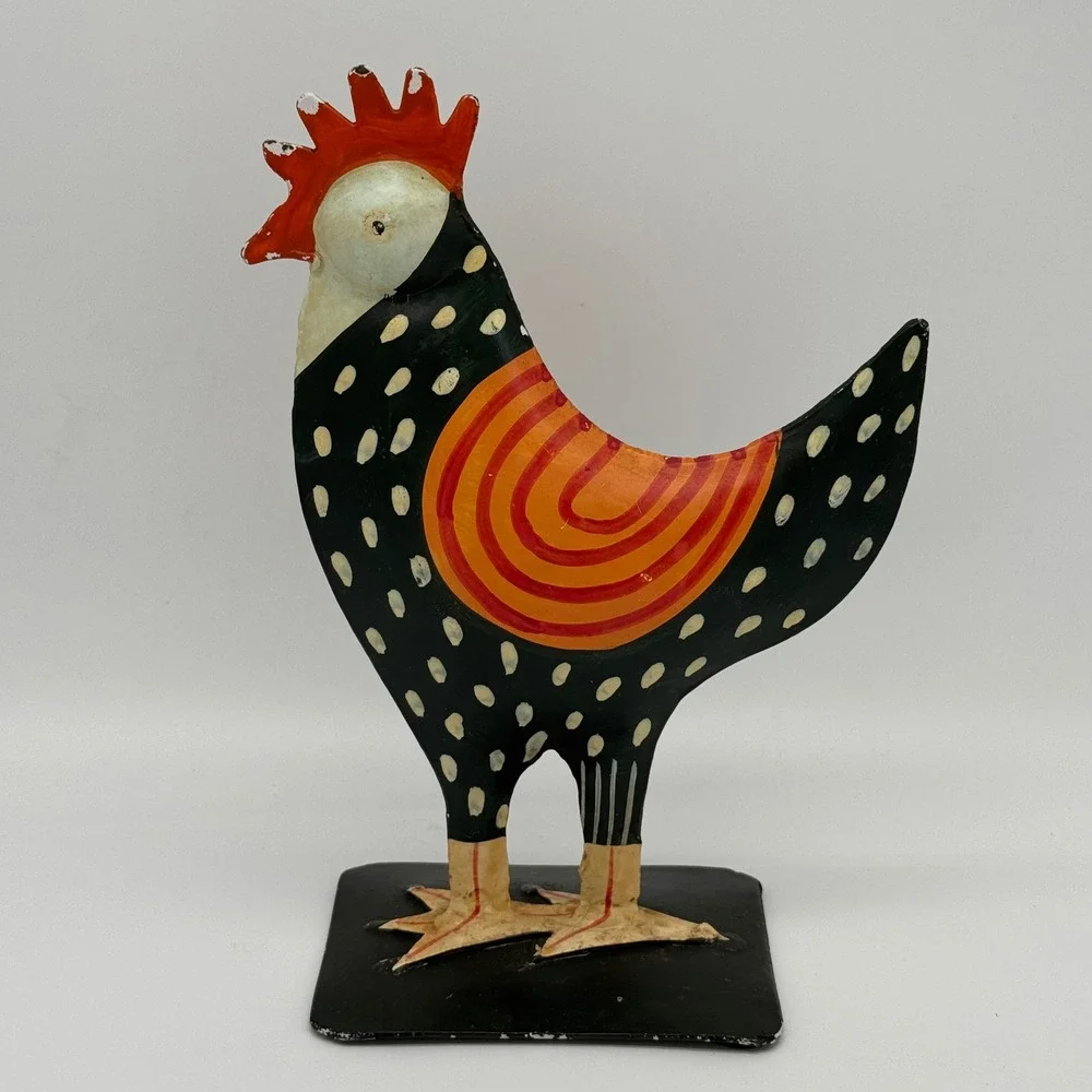 Vintage Pier 1 Metal Rooster Figurine Hand Painted Polka Dot Farmhouse 8